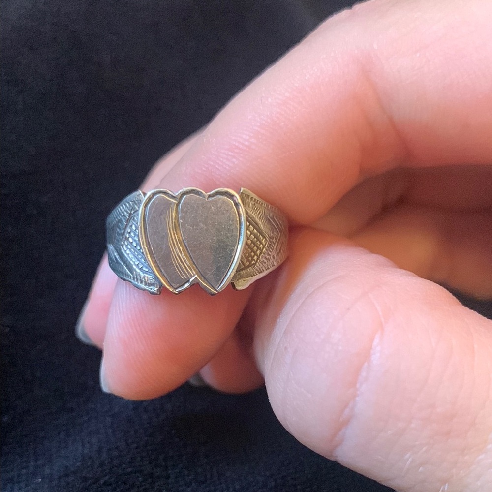 Hand-etched double heart 925 silver ring